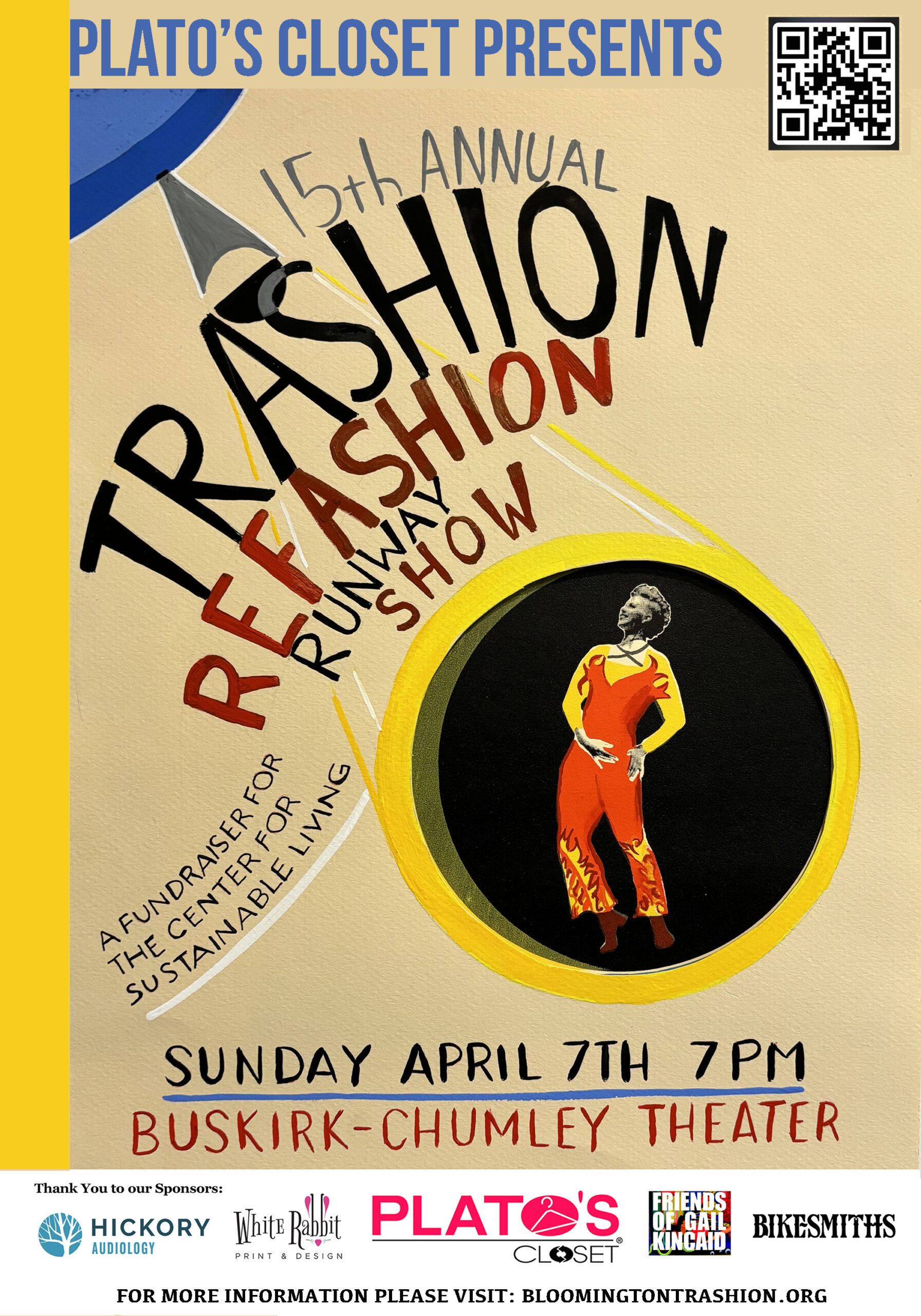 Promotional poster for Plato's Closet Presents the 15th Annual Trashion Refashion Runway Show, featuring a stylized individual in red attire, as a fundraiser for The Center for Sustainable Living.