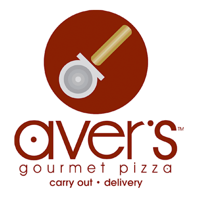 Logo of Aver's Gourmet Pizza with a pizza cutter on a tomato-red background, endorsing their carryout and delivery services for the 2024 Trashion Refashion event.