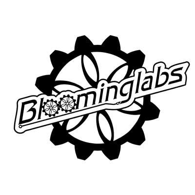 Black and white logo of BloomingLabs, featuring an intricate gear and flower design, promoting their sponsorship of the 2024 Trashion Refashion event.